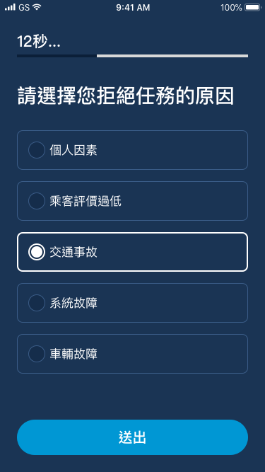 載客前，當您「取消任務」，或載客中如有突發事件、載錯客人，當您點選「結束任務」，系統將請您選擇原因。小提醒：為確保yoxi服務品質，取消任務將會視情況給予懲處請小心使用喔。